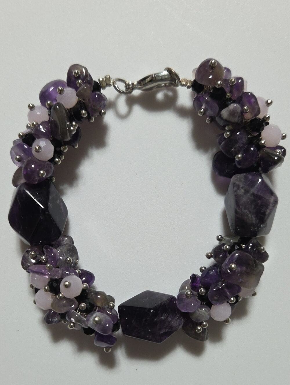 Estate Amethyst Beaded Bracelet Purple Stone Cluster Silver Tone